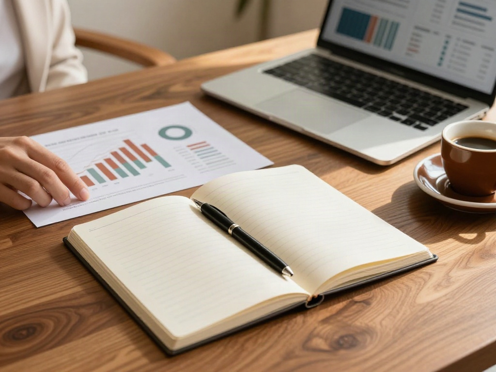Analytical charts, a notebook and a laptop arranged for a focused business review