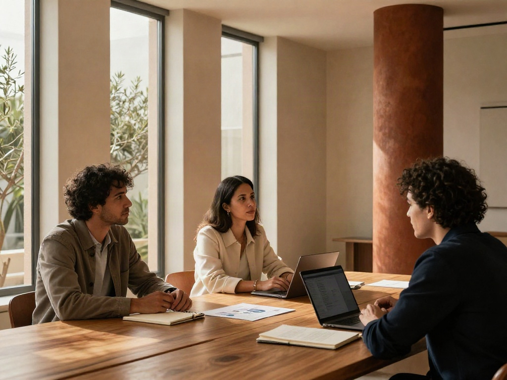 Colleagues working together around a boardroom table in a warm, sunlit office